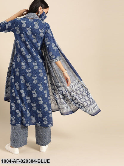 Blue  White Pure Cotton Ethnic Motif Print Kurta Set