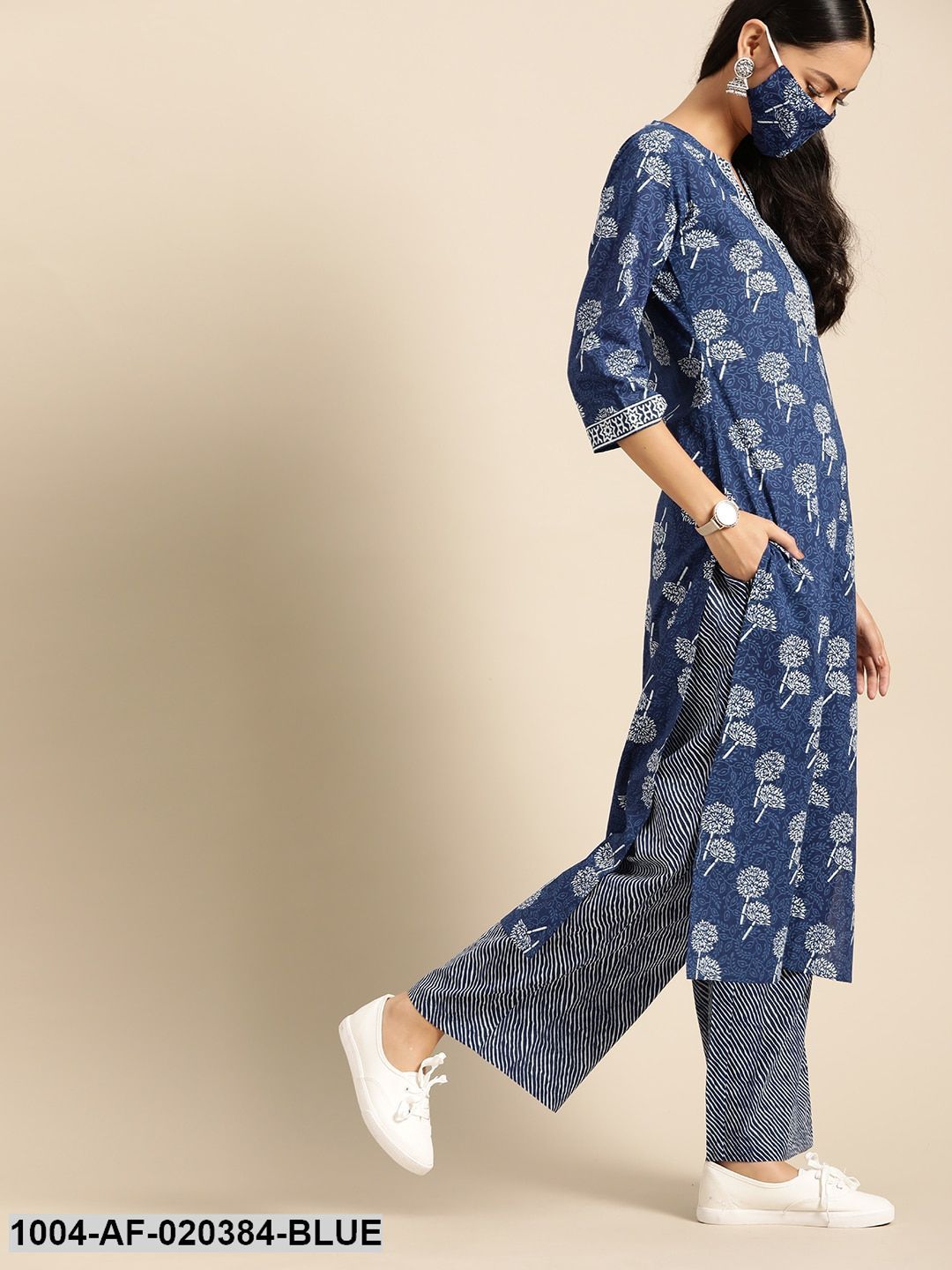 Blue  White Pure Cotton Ethnic Motif Print Kurta Set