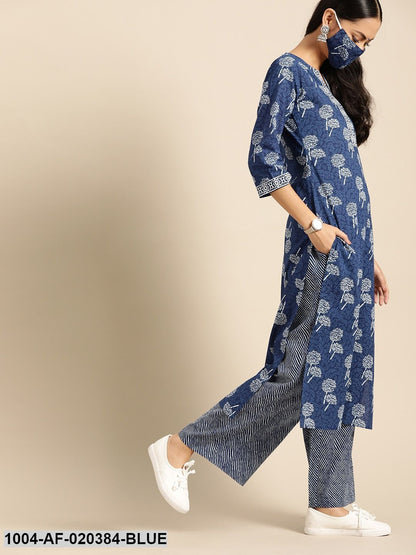 Blue  White Pure Cotton Ethnic Motif Print Kurta Set