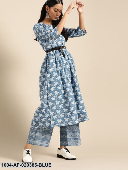 Blue & White Pure Cotton Ethnic Motif Print Kurta with Palazzos