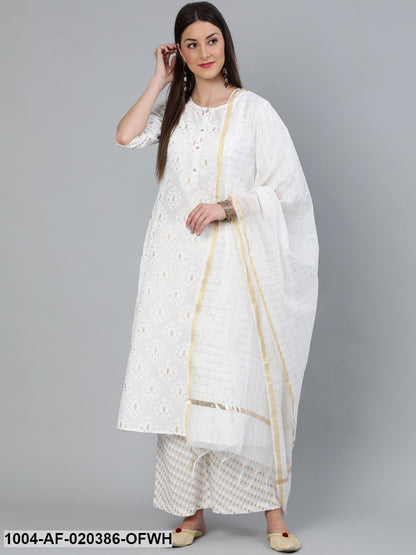 Off-White Printed A-line  Kurta With Plazzo & Dupatta