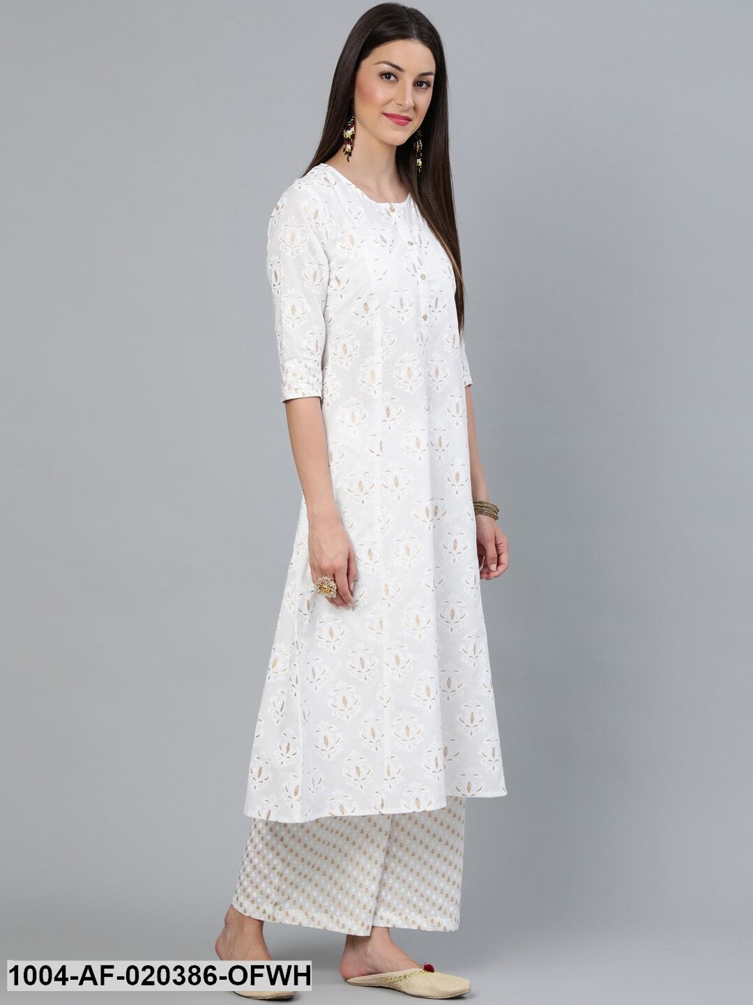 Off-White Printed A-line  Kurta With Plazzo & Dupatta