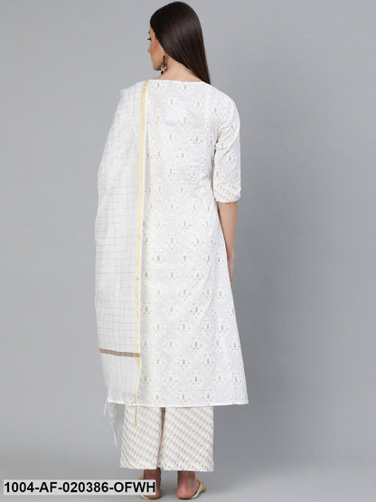 Off-White Printed A-line  Kurta With Plazzo & Dupatta