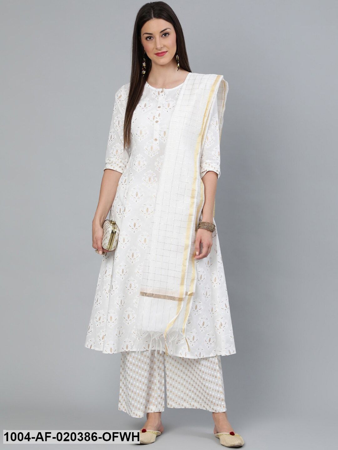 Off-White Printed A-line  Kurta With Plazzo & Dupatta