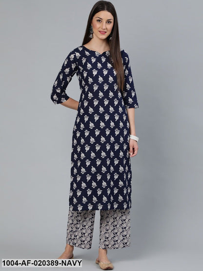 Navy Blue Printed Kurti with Palazzos & Dupatta