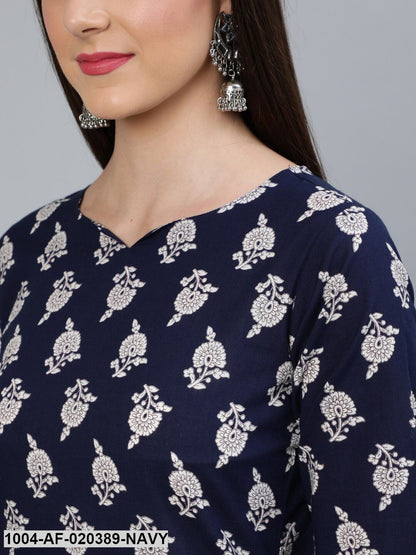 Navy Blue Printed Kurti with Palazzos & Dupatta