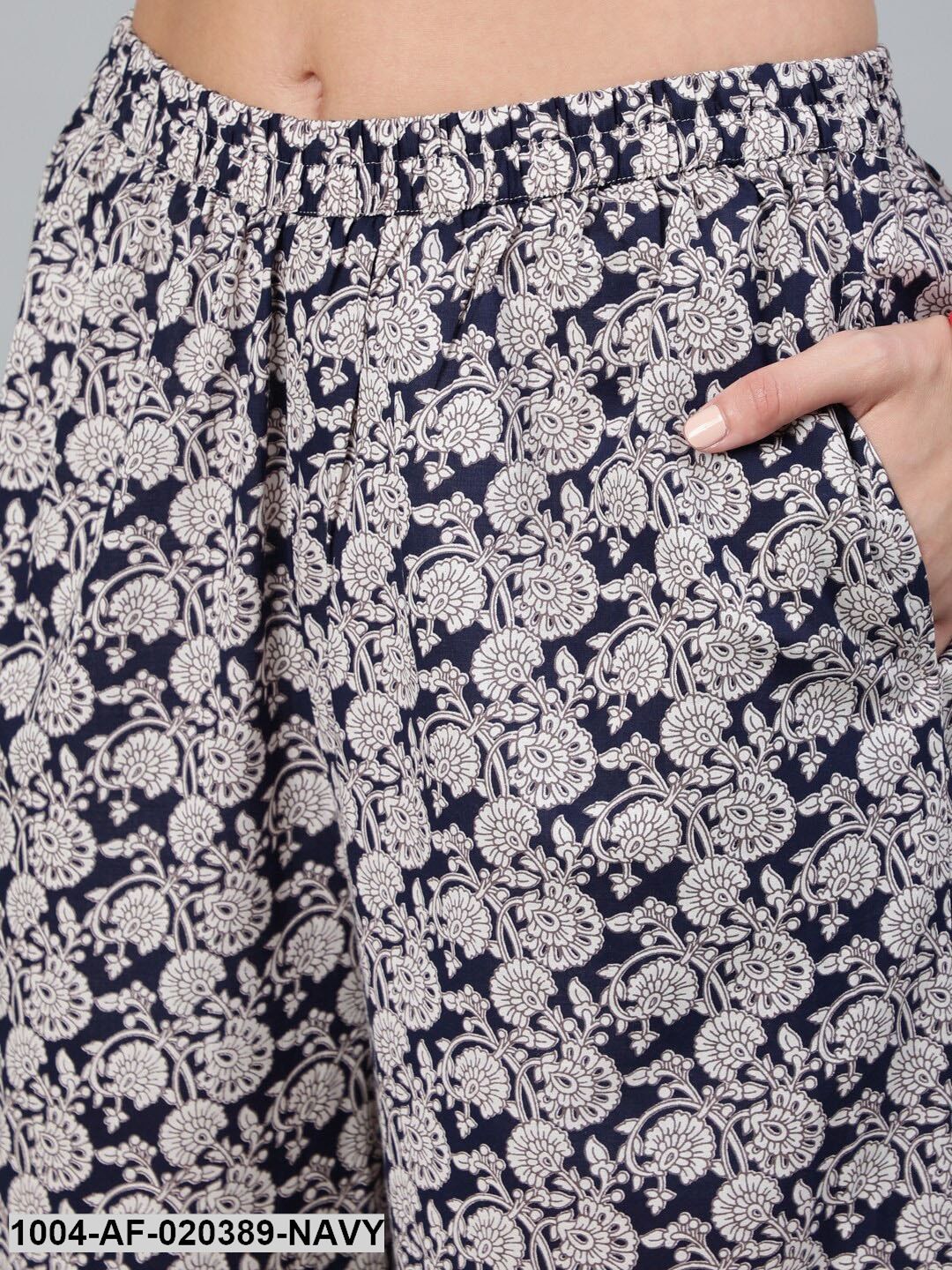 Navy Blue Printed Kurti with Palazzos & Dupatta