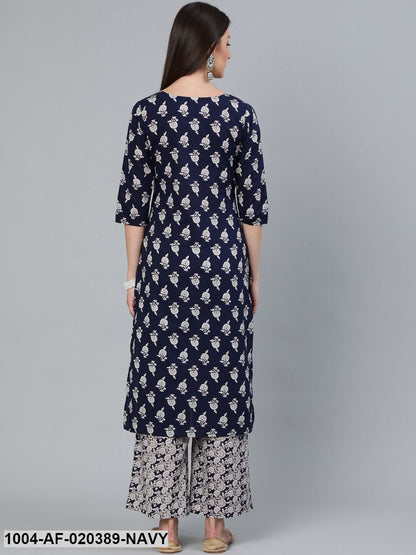 Navy Blue Printed Kurti with Palazzos & Dupatta