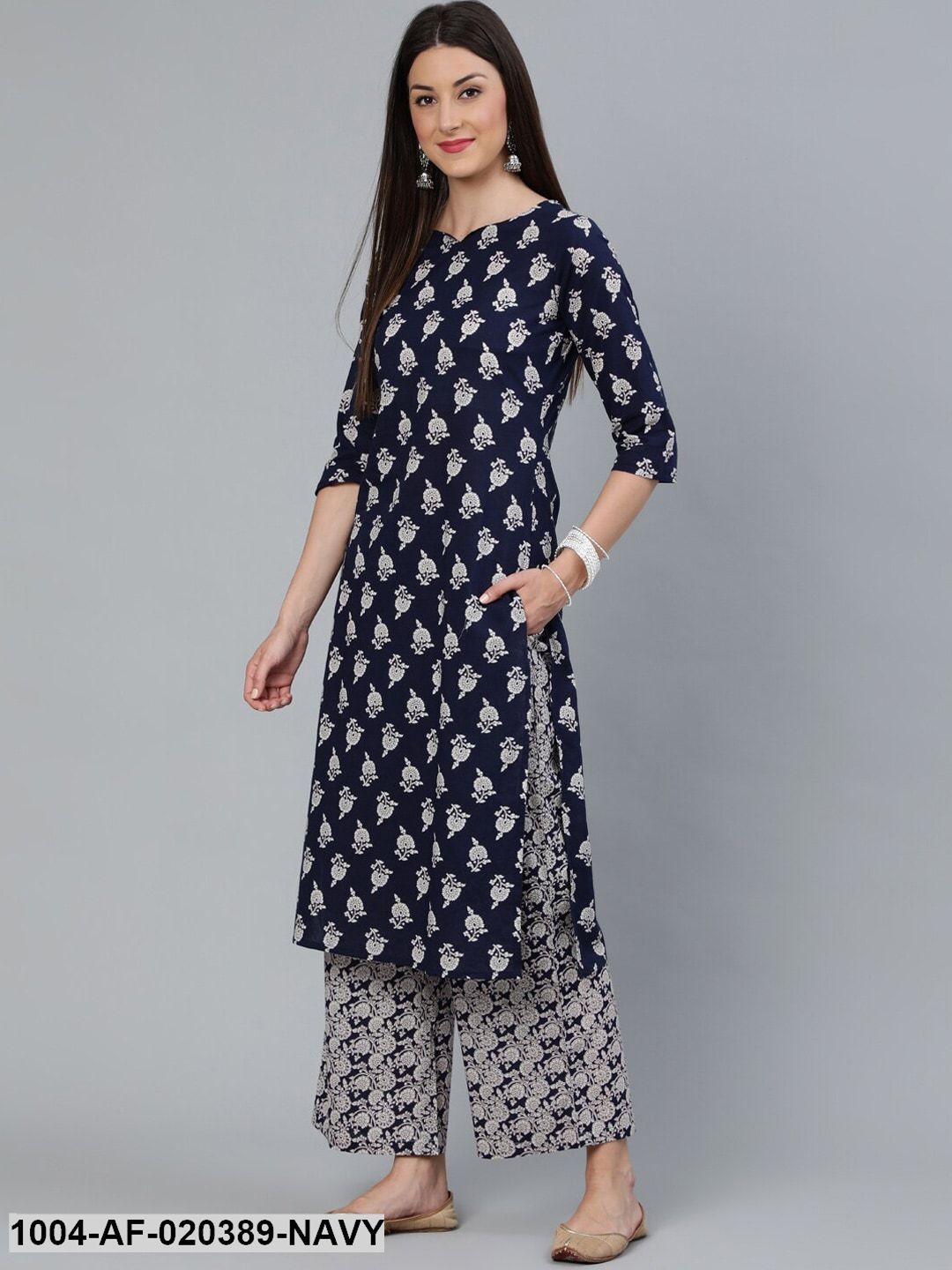 Navy Blue Printed Kurti with Palazzos & Dupatta