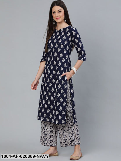 Navy Blue Printed Kurti with Palazzos & Dupatta