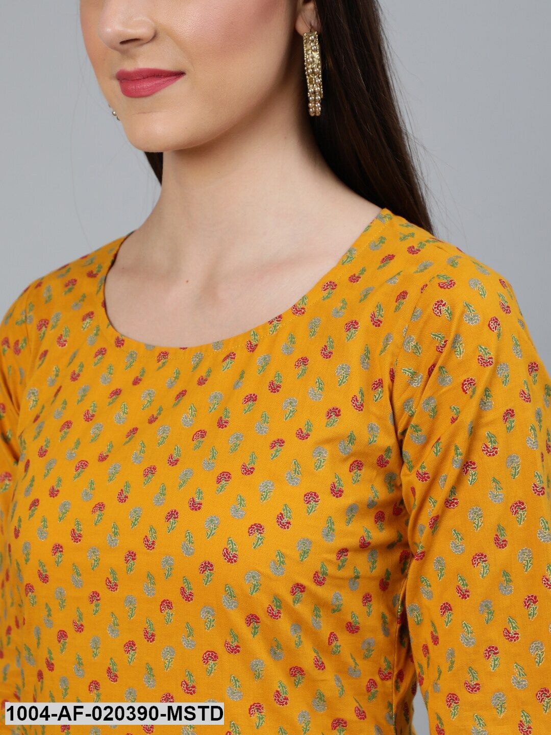 Mustard Printed Straight Kurta With Plazzo  &amp; Dupatta