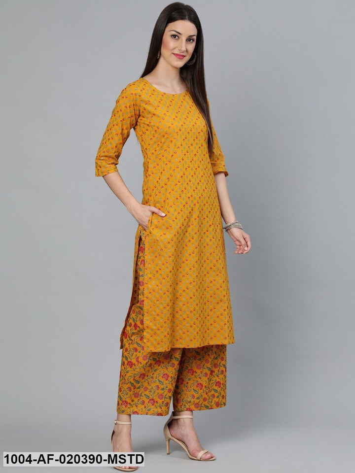 Mustard Printed Straight Kurta With Plazzo  &amp; Dupatta