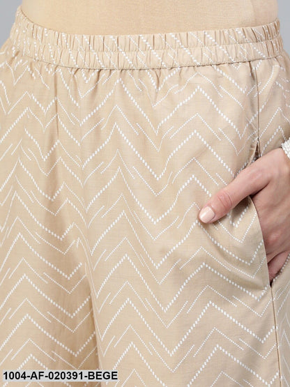 Beige Printed Straight Kurta With Plazo & Dupatta