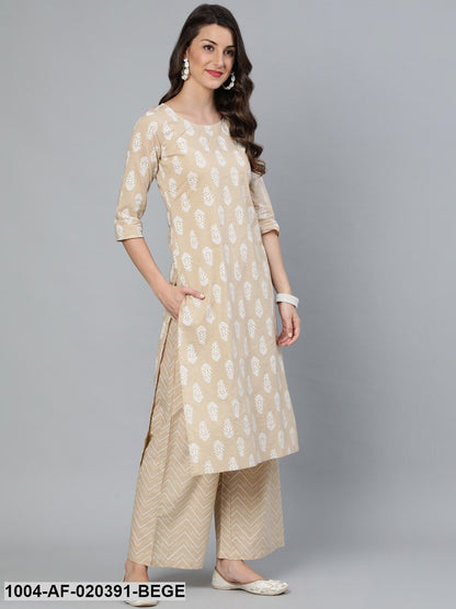 Beige Printed Straight Kurta With Plazo & Dupatta