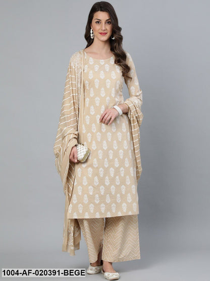 Beige Printed Straight Kurta With Plazo & Dupatta