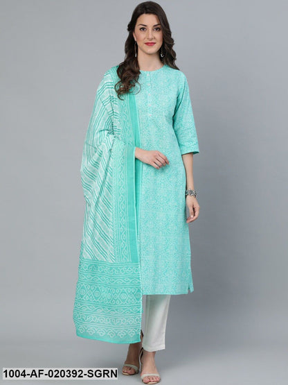 Sea Green Printed Straight Kurta Wiith Plazo & Dupatta
