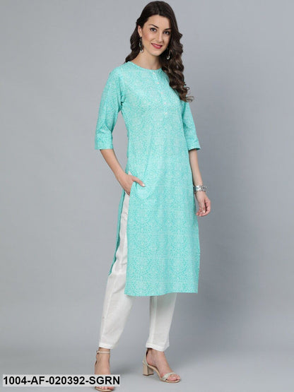 Sea Green Printed Straight Kurta Wiith Plazo & Dupatta