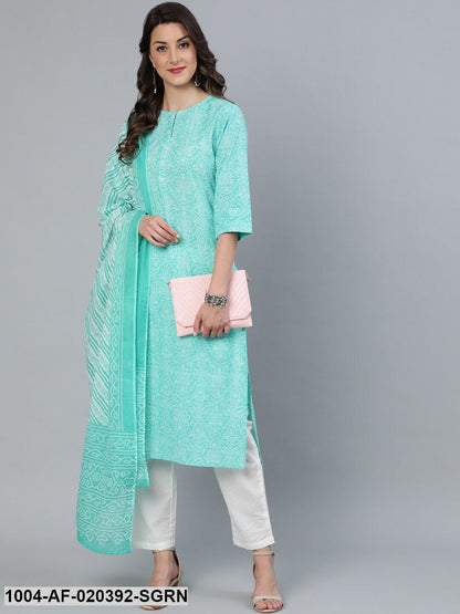 Sea Green Printed Straight Kurta Wiith Plazo & Dupatta