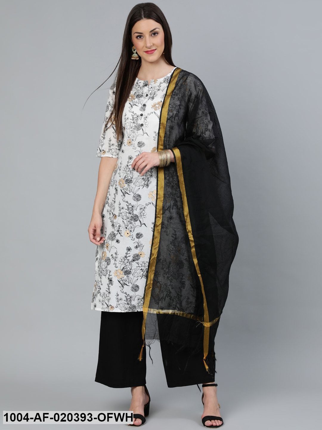Off-White  Printed Straight Kurta With Plazzo  & Dupatta