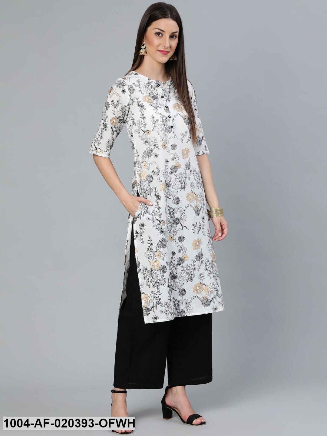 Off-White  Printed Straight Kurta With Plazzo  & Dupatta