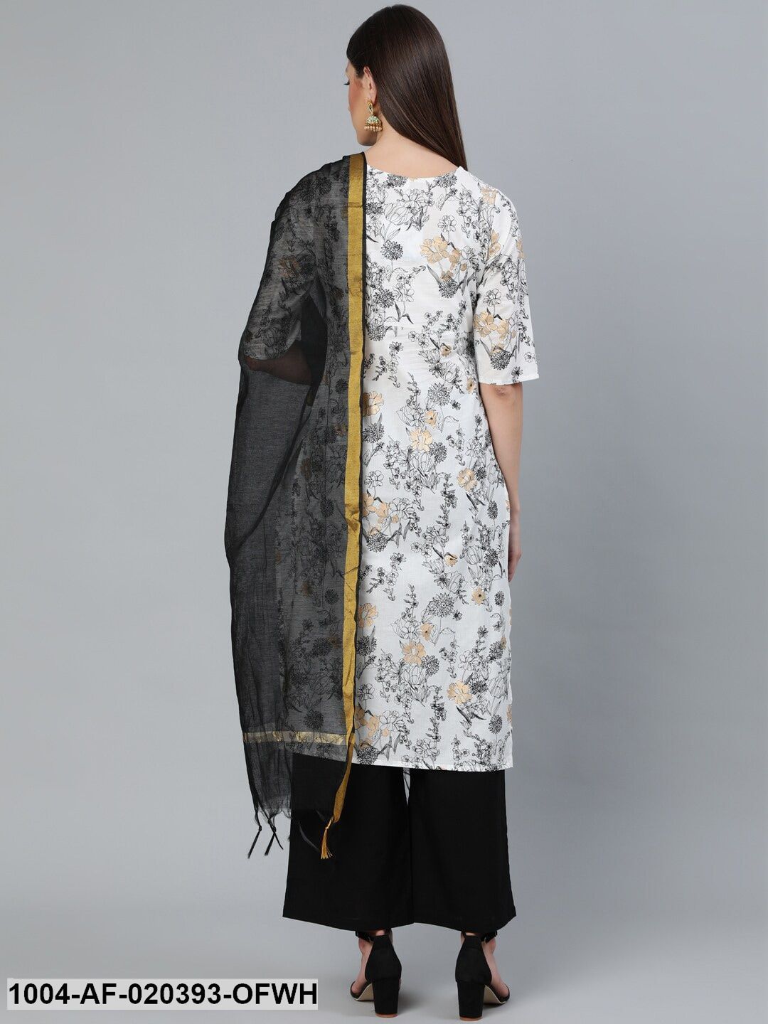 Off-White  Printed Straight Kurta With Plazzo  & Dupatta