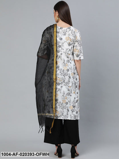 Off-White  Printed Straight Kurta With Plazzo  & Dupatta