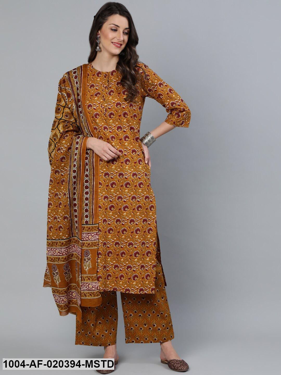Mustard Floral Printed Regular Straight Pure Cotton Kurta with Palazzos &
