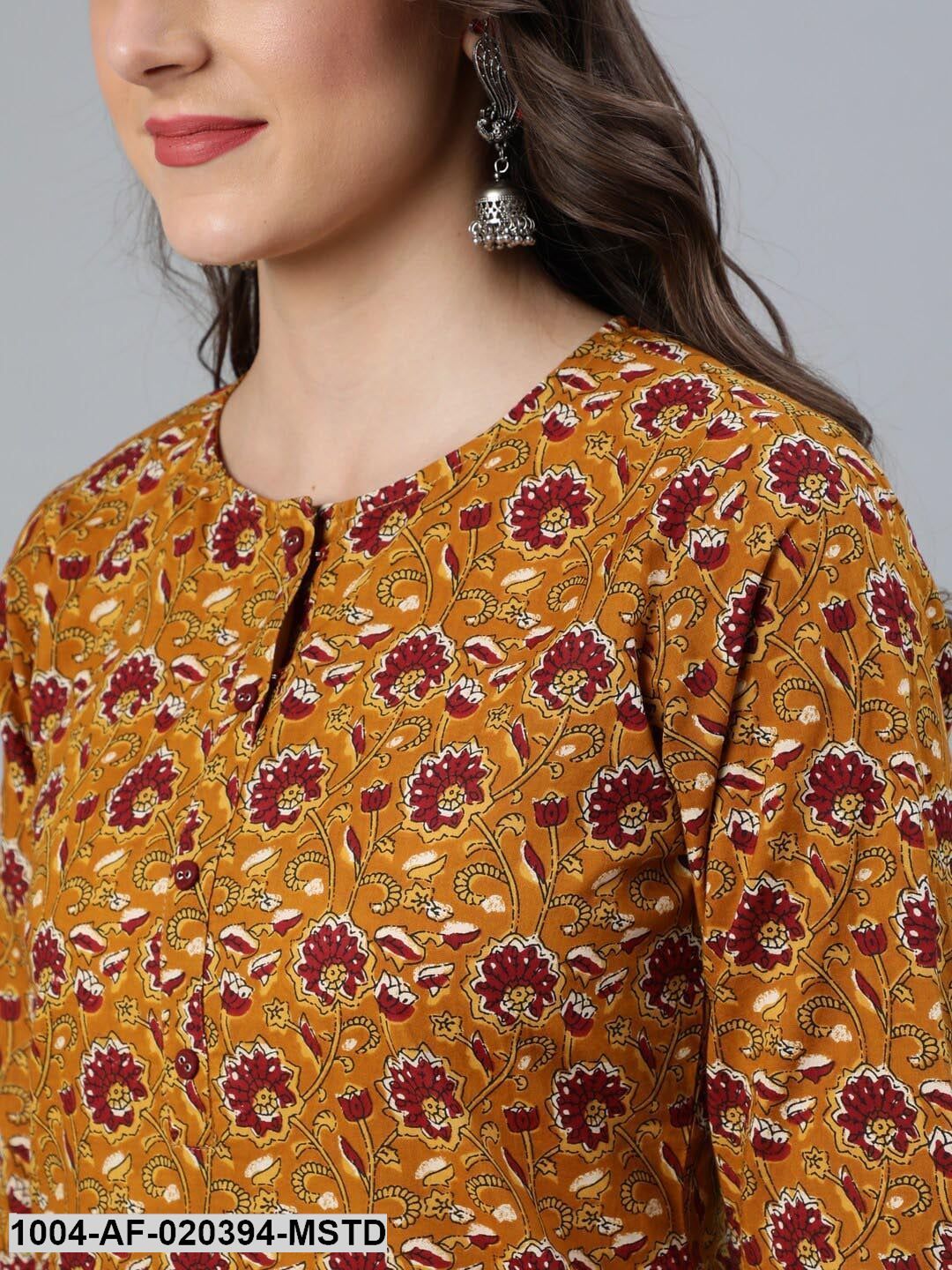 Mustard Floral Printed Regular Straight Pure Cotton Kurta with Palazzos &