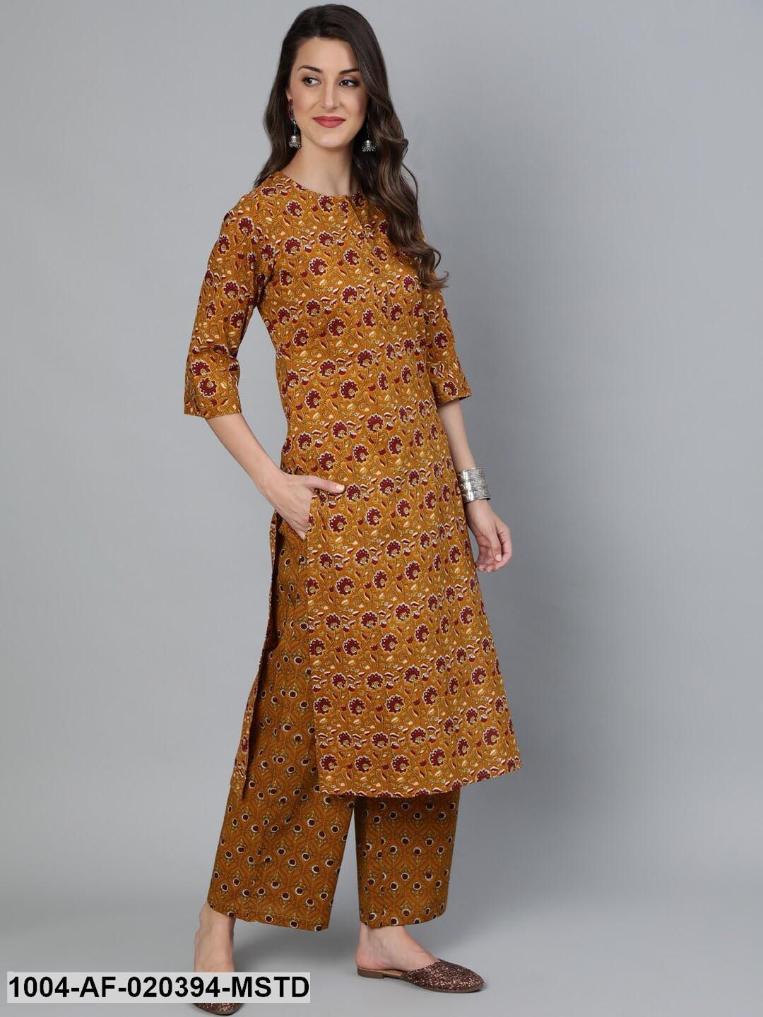 Mustard Floral Printed Regular Straight Pure Cotton Kurta with Palazzos &