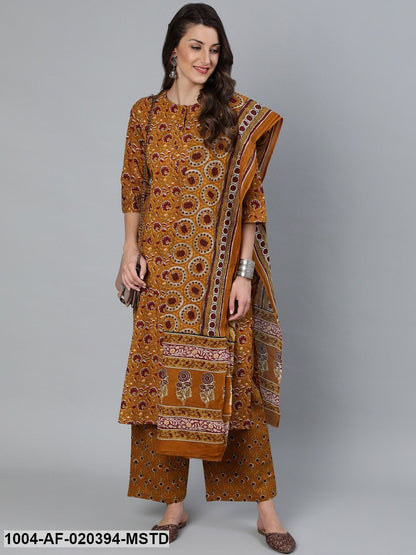 Mustard Floral Printed Regular Straight Pure Cotton Kurta with Palazzos &