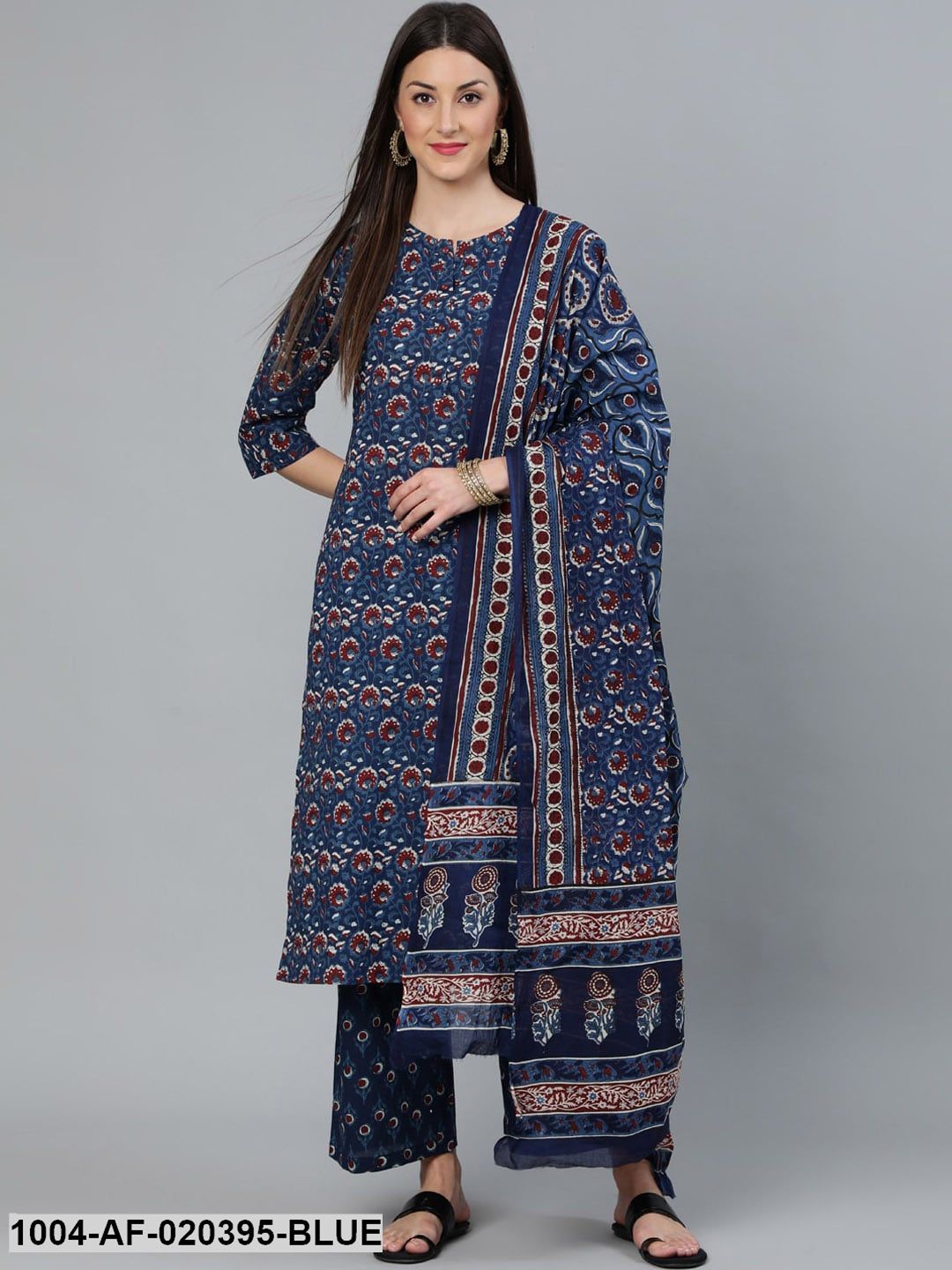 Blue Printed Straight Kurta Wiith Plazo & Dupatta