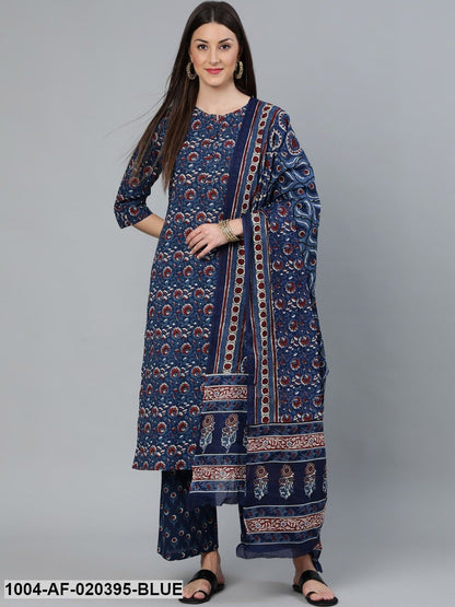 Blue Printed Straight Kurta Wiith Plazo & Dupatta