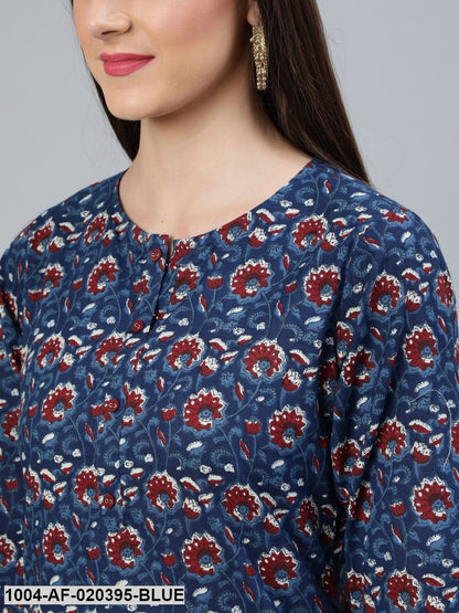 Blue Printed Straight Kurta Wiith Plazo & Dupatta