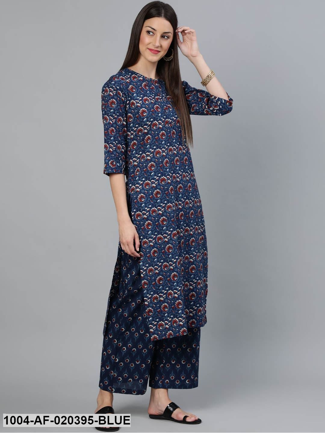 Blue Printed Straight Kurta Wiith Plazo & Dupatta