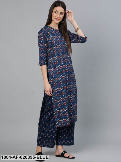 Blue Printed Straight Kurta Wiith Plazo & Dupatta