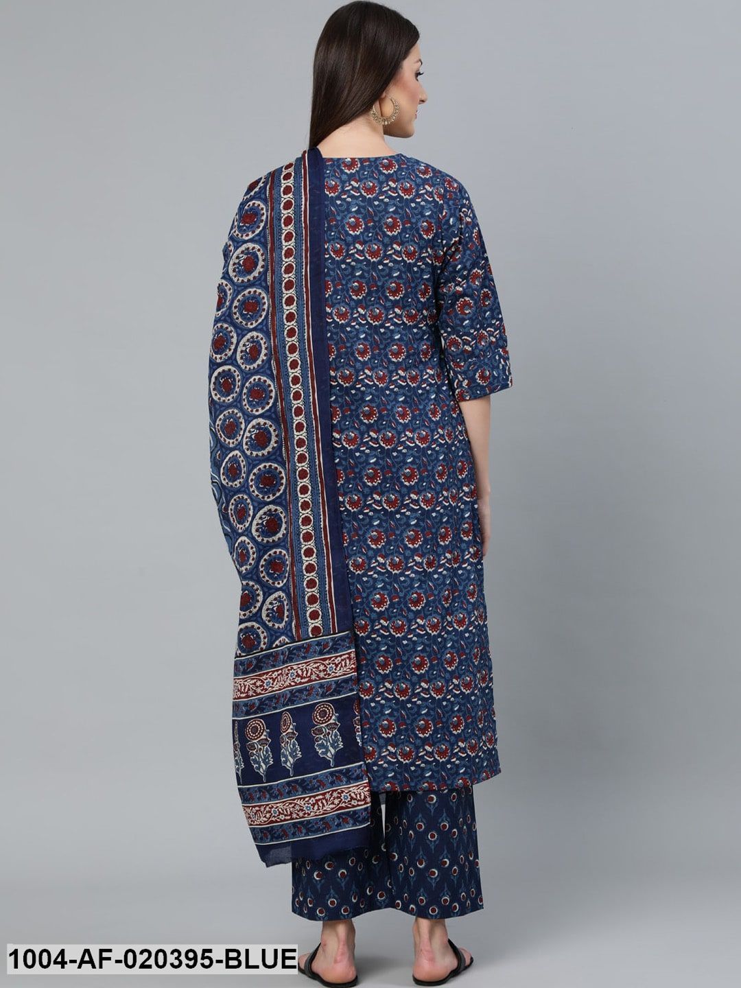 Blue Printed Straight Kurta Wiith Plazo & Dupatta