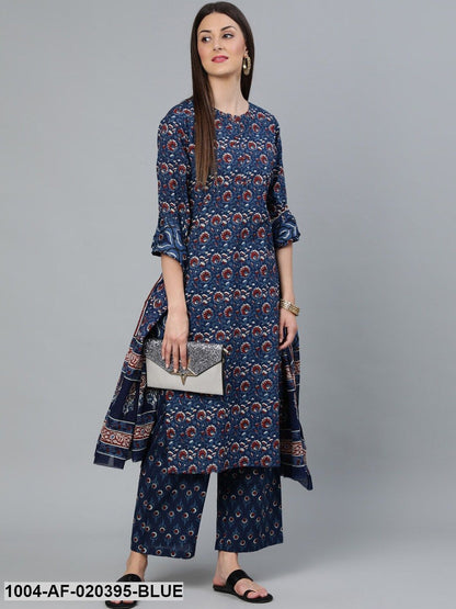 Blue Printed Straight Kurta Wiith Plazo & Dupatta