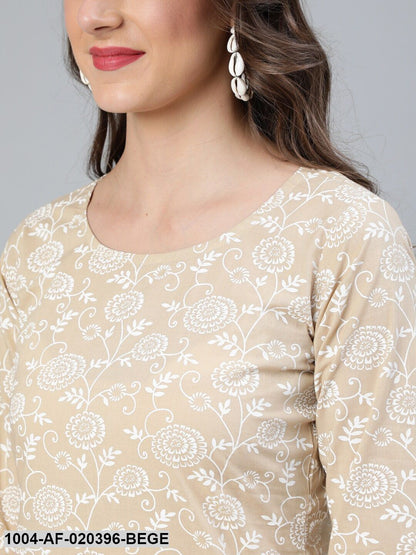 Beige Floral Printed Straight Kurta With Plazo & Dupatta