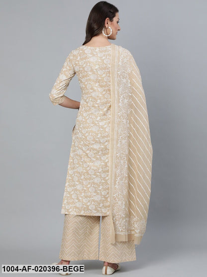 Beige Floral Printed Straight Kurta With Plazo & Dupatta
