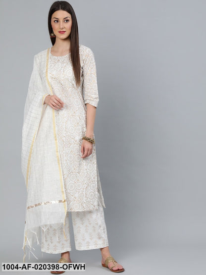 Off-White Printed Straight Kurta With Plazzo  & Dupatta