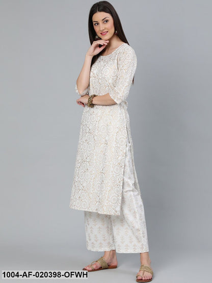 Off-White Printed Straight Kurta With Plazzo  & Dupatta
