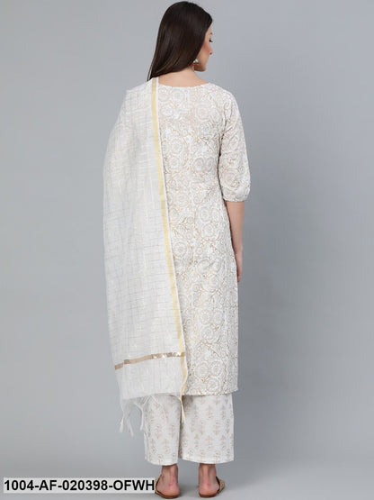 Off-White Printed Straight Kurta With Plazzo  & Dupatta