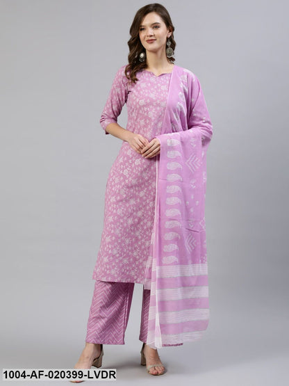 Lavender Floral Printed Straight Kurta With Plazo & Dupatta