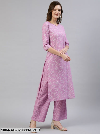 Lavender Floral Printed Straight Kurta With Plazo & Dupatta