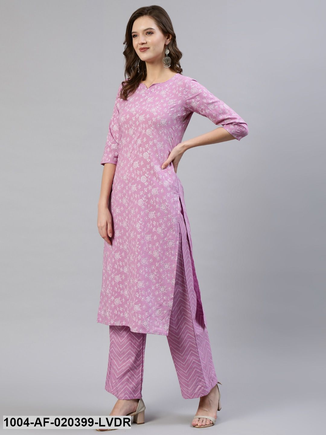 Lavender Floral Printed Straight Kurta With Plazo & Dupatta