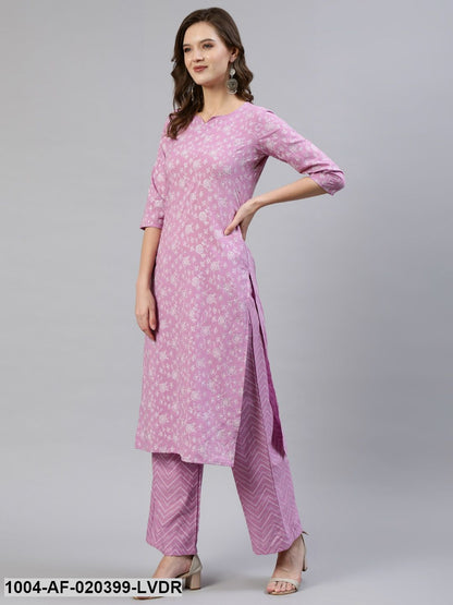 Lavender Floral Printed Straight Kurta With Plazo & Dupatta