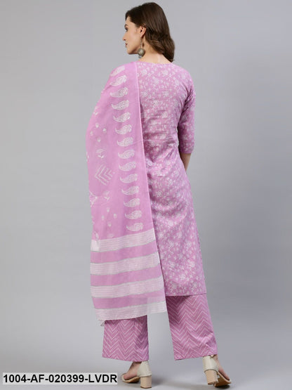 Lavender Floral Printed Straight Kurta With Plazo & Dupatta