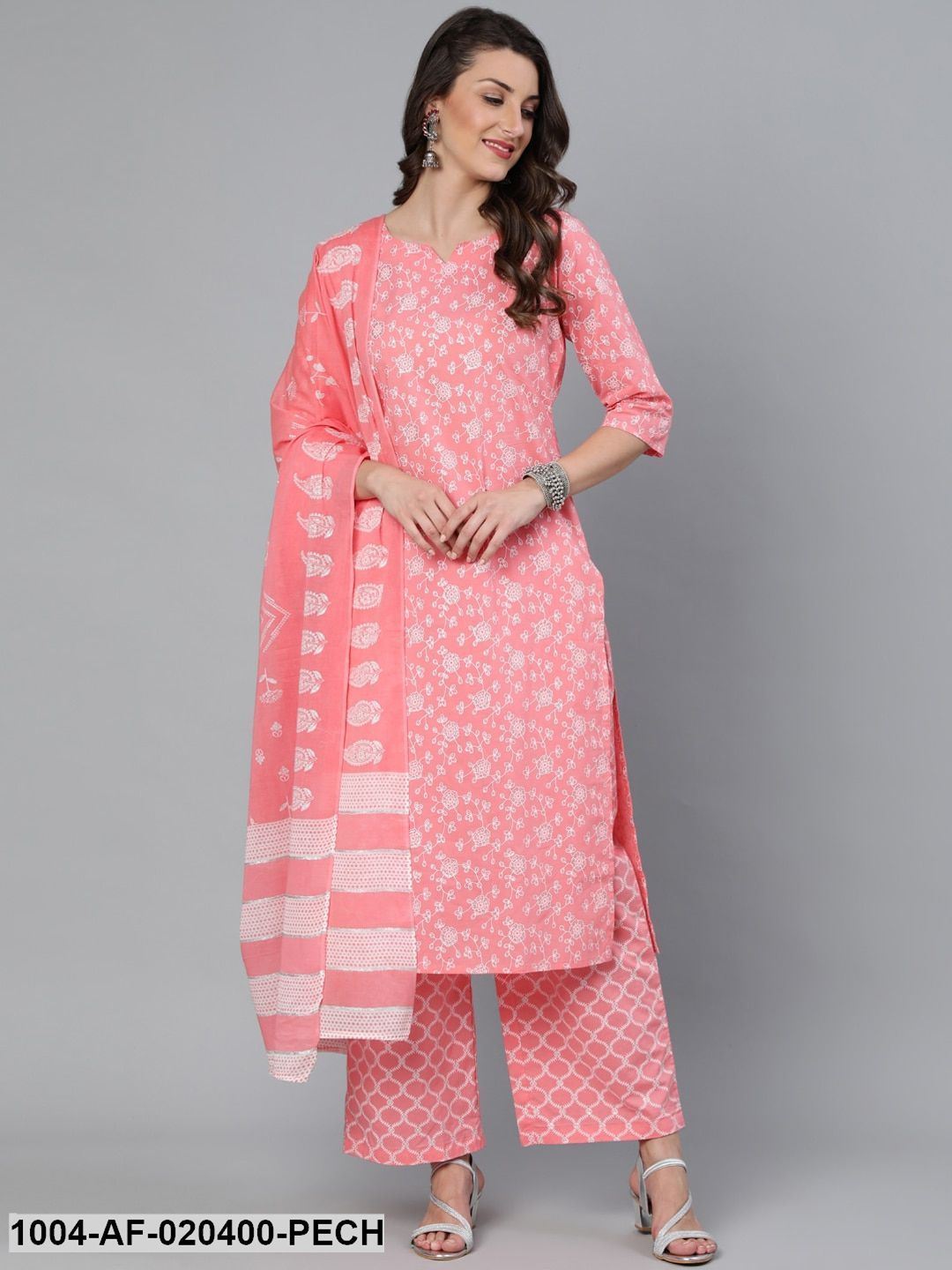 Peach-Coloured Floral Printed Regular Straight Pure Cotton Kurta & Palazzos
