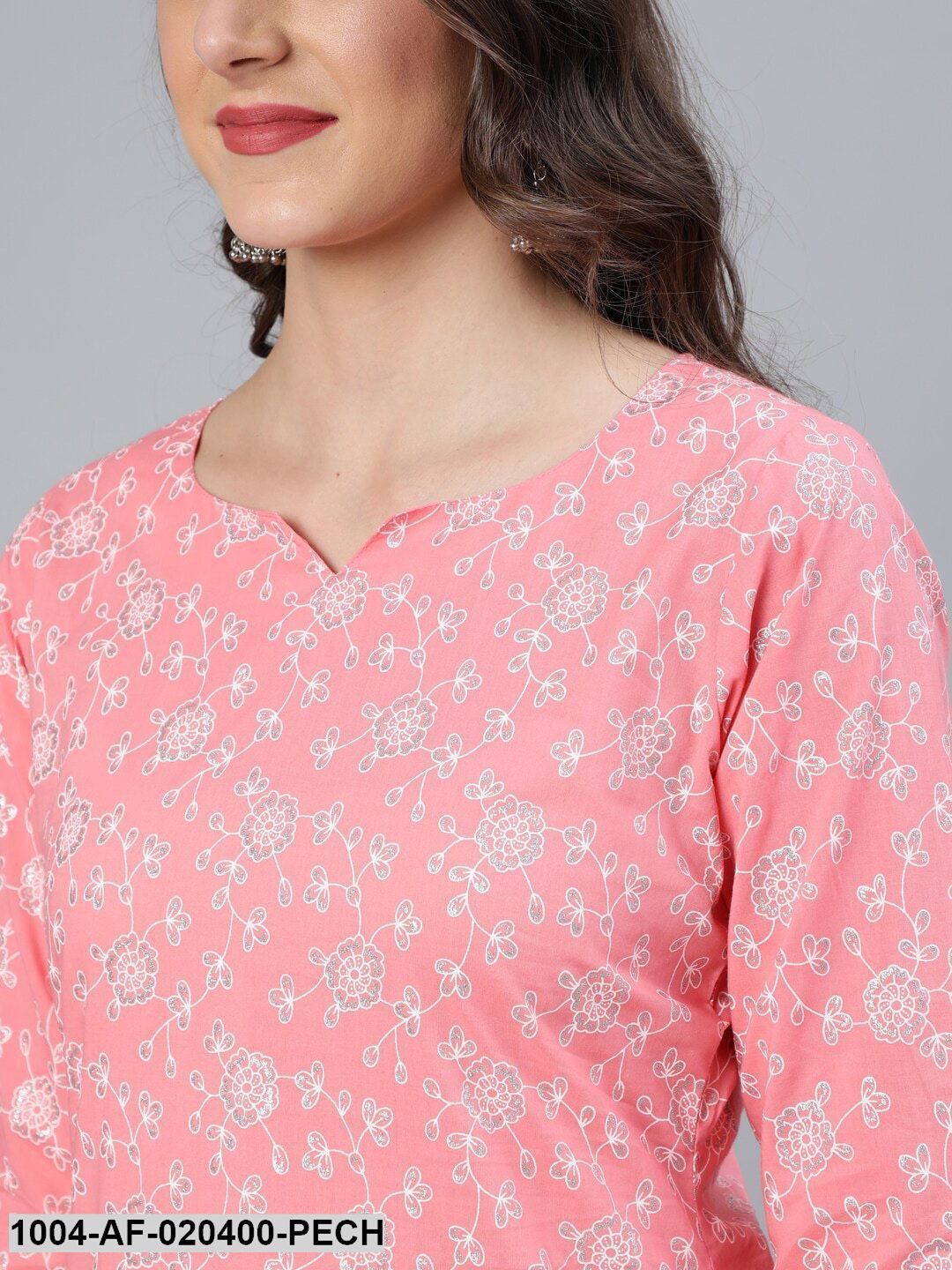 Peach-Coloured Floral Printed Regular Straight Pure Cotton Kurta & Palazzos