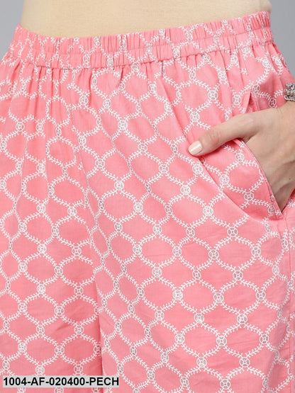 Peach-Coloured Floral Printed Regular Straight Pure Cotton Kurta & Palazzos